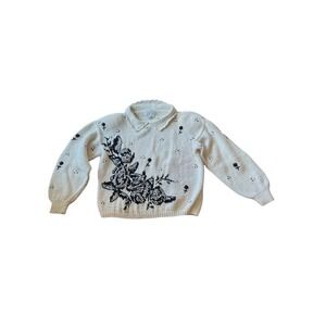 Women's Cream V-Neck Sweater with Black Floral Detail